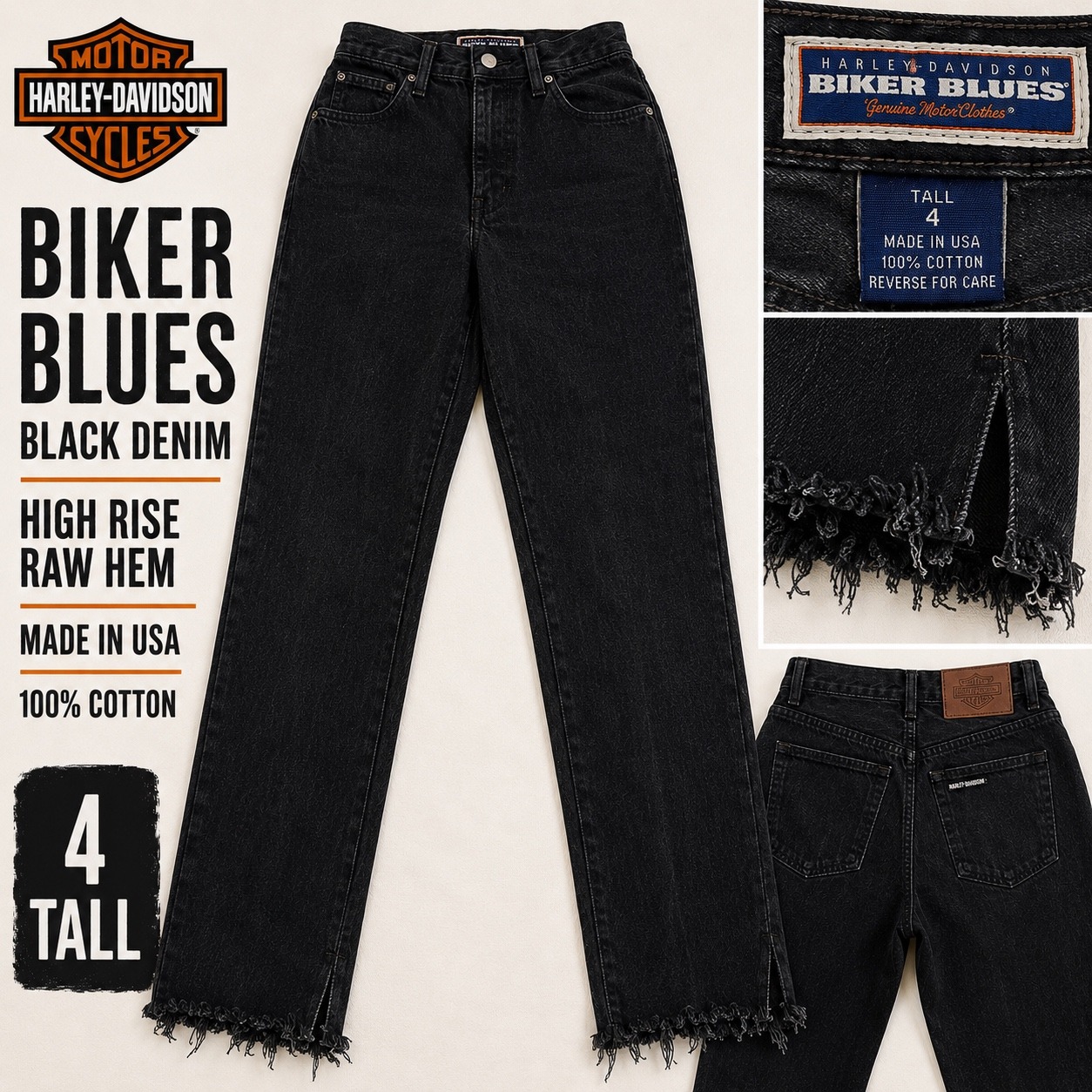 Vintage Harley Davidson Biker Blues Black High Rise Raw Hem Jeans Usa 4 Tall